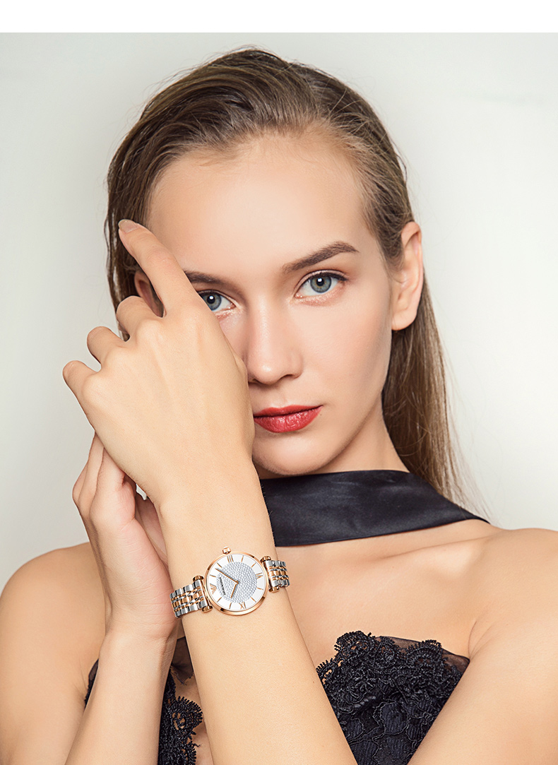 armani阿玛尼手表佟丽娅明星同款玫瑰金满天星镶钻女表ar11244