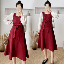 Maternity burgundy lace-up dress 2021 new autumn dress long dress fashion autumn winter skirt