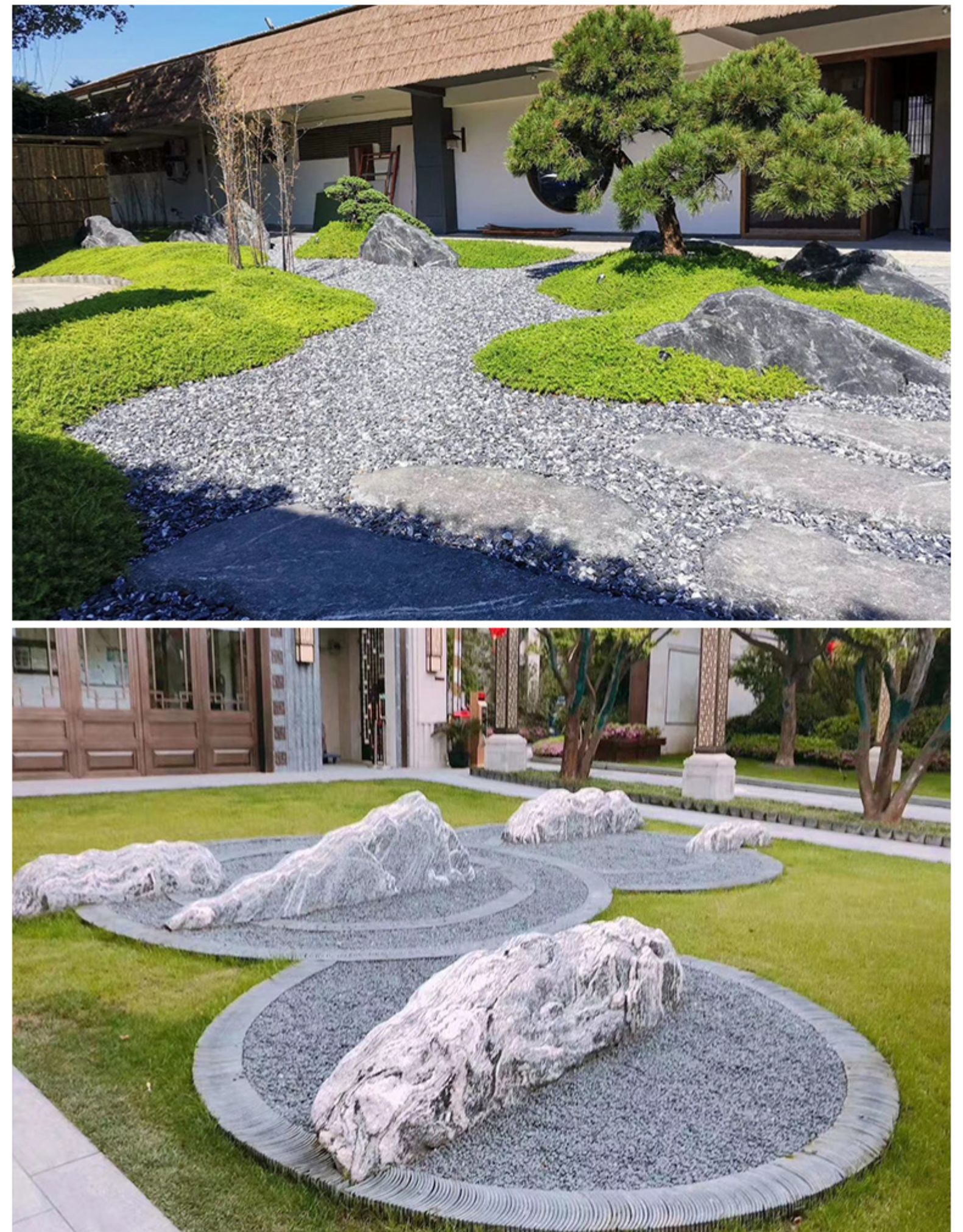 枯山水石子景观白色砾石日式庭院黑色造景装饰天然