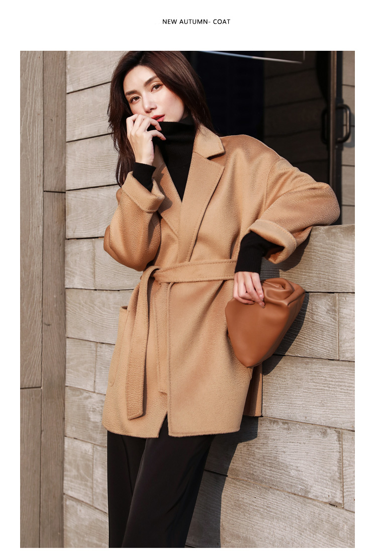 驼色水波纹双面羊绒大衣女短款2021年新款小个子高端羊毛呢子外套