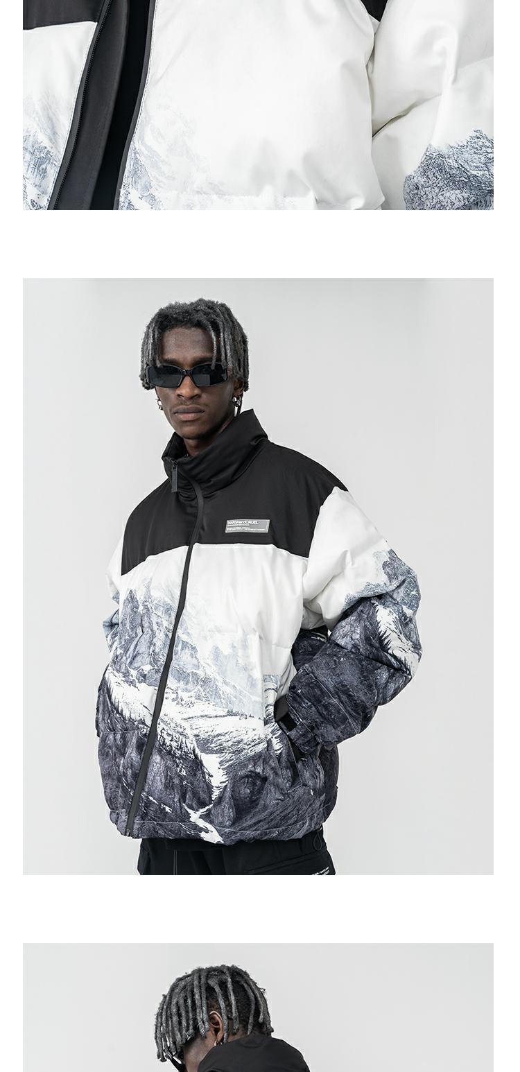 harshandcruel尼龙拼接刺绣logo雪山全幅印花羽绒棉服秋冬外套