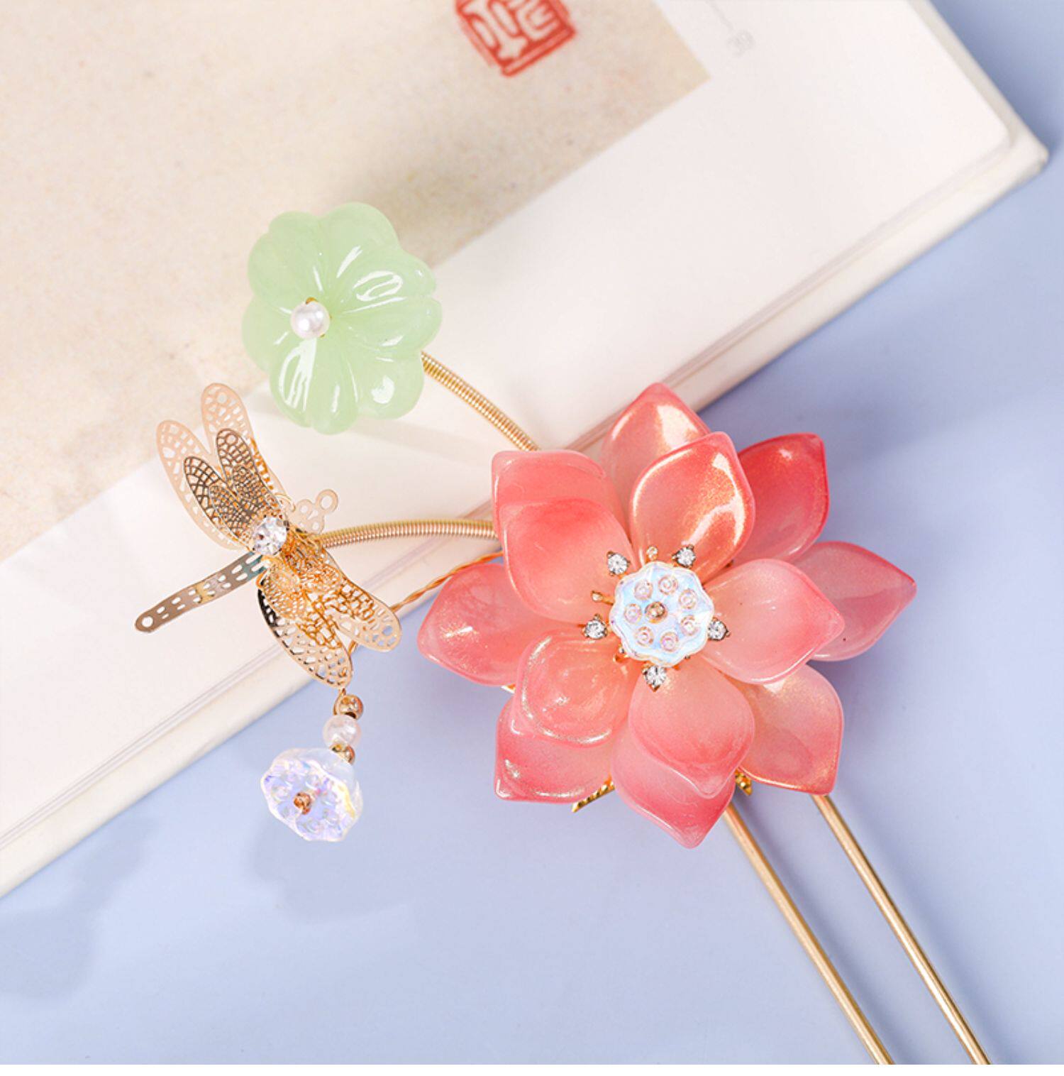 荷花步摇古风花朵流苏发簪粉色古装发钗仙气盘发配饰旗袍汉服头饰