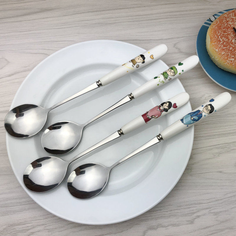 Household combination suit long handle eat run Korean ceramic handle stainless steel spoon, adult round spoon, spoon