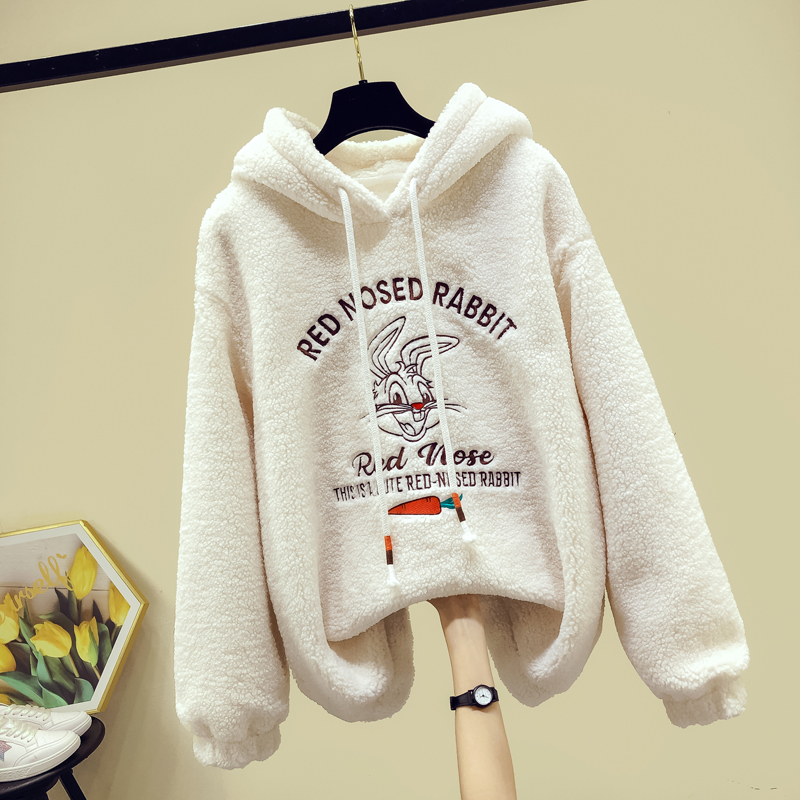 Fall Winter 2023 new cartoon lamb sweater female plug hat and thick Han edition loose coat female in tide