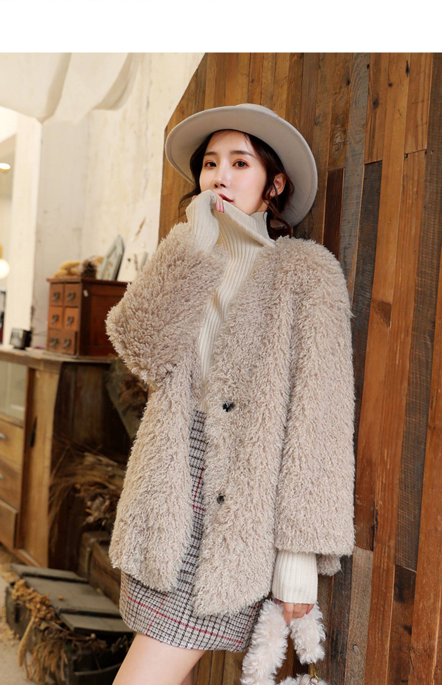 皮毛一体羊羔毛外套女颗粒绒羊剪绒秋冬女装2019新款短款皮草大衣