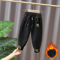 Boys autumn and winter pants children New 2021 jeans baby plus velvet wear black one-piece velvet pants