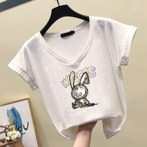 2022 Early Spring New Short Sleeve T-shirt Women's Trendy Ins Hong Kong Style Korean Style Pure Cotton Loose White Large Collar V-neck Tops