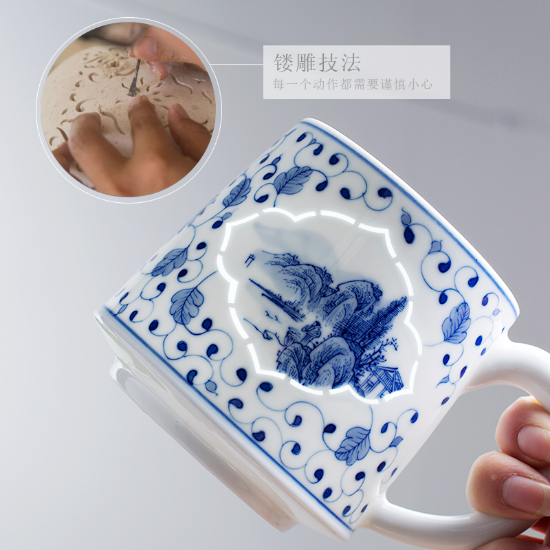 Jingdezhen up the fire which hand - made filter tea cups of large capacity and exquisite blue and white porcelain office keller ceramics