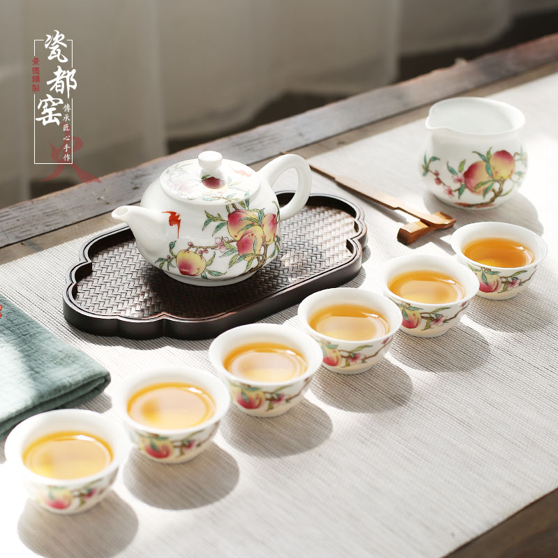 Jingdezhen hand - made teapot 6 small household famille rose tea set ceramic kung fu tea cup of a complete set of restoring ancient ways