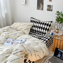 ins black and white simple Nordic letters thickened milk velvet four-piece set of winter naked sleeping sheets bed linen