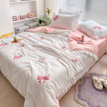 ins Korean version of the bow four-piece summer cool quilt princess wind pure cotton washable summer air conditioner quilt embroidered bed sheet 4