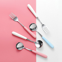 ins wind Japanese fork set household cute student fork spoon tableware Stainless steel long handle Korean net celebrity rice spoon
