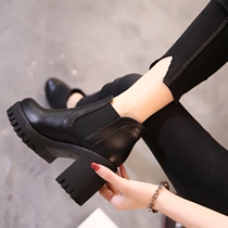 Leather Net red thick heel short boots autumn and winter high heels female British thin boots short tube waterproof table Martin boots thick bottom