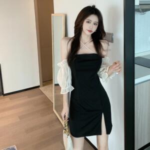 Summer Korean version of slim and sexy slit dress women’s French style long skirt with Platycodon wind