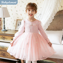 Girls autumn dress 2021 new pink princess skirt early spring and autumn childrens long-sleeved cotton puffy dress