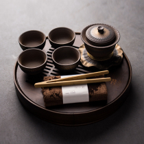 Retro coarse pottery Gaiwan tea set Household Kung Fu Japanese teapot set Dry-brewed small tea table Kung Fu tea tea tray
