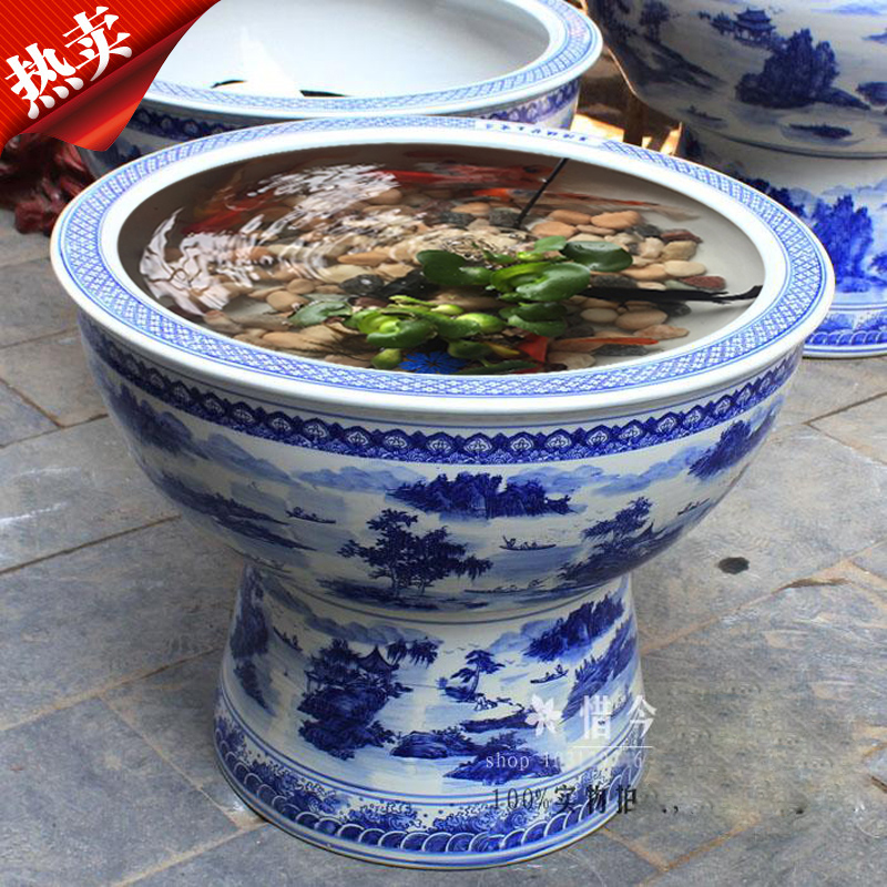 Heavy aquarium fish basin ground blue jingdezhen ceramic cylinder vertical is suing large lotus garden water lily