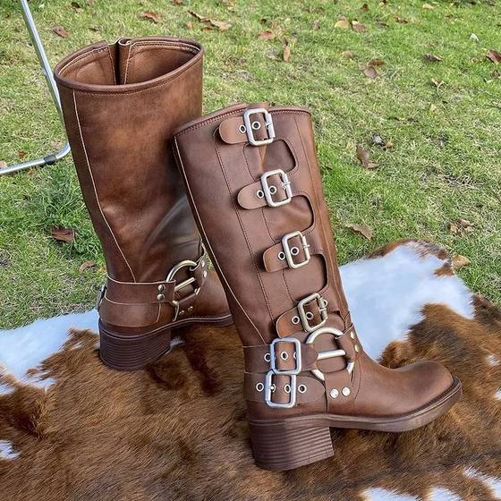Belt buckle thick -heeled brown Martin boots women spring and summer retro but knee boots western boots knight fashion boots Belt buckle thick -heeled brown Martin boots women spring and summer retro but knee boots western boots knight fashion boots