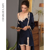 Sexy pajamas womens spring and Autumn thin suspender night dress suit Summer chest ice silk home dress temptation two-piece set