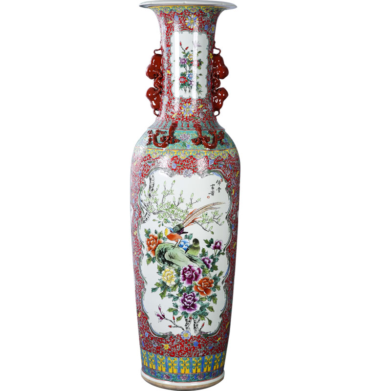 Hand - made powder enamel golden pheasant ground ears big vase jingdezhen archaize ceramic furnishing articles collection of Chinese style living room