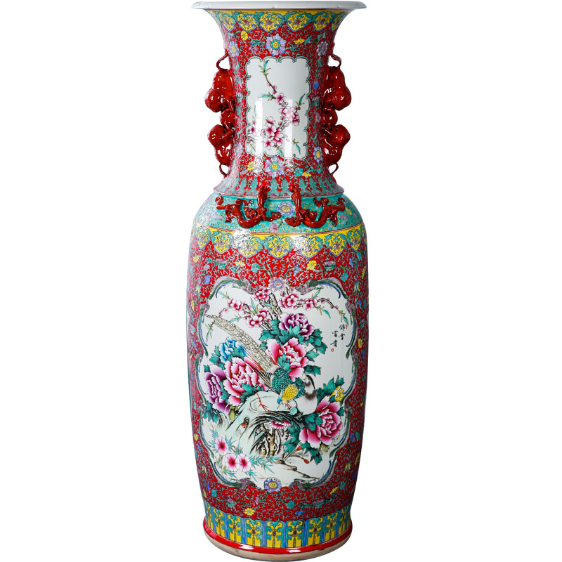 Hand - made powder enamel golden pheasant ears landing big vase jingdezhen archaize ceramic furnishing articles Chinese style decorates sitting room