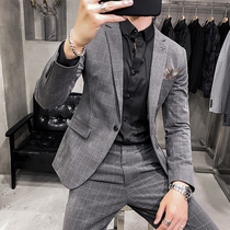 Suit mens suit plaid trend Korean version of slim handsome groom wedding dress three-piece small suit jacket