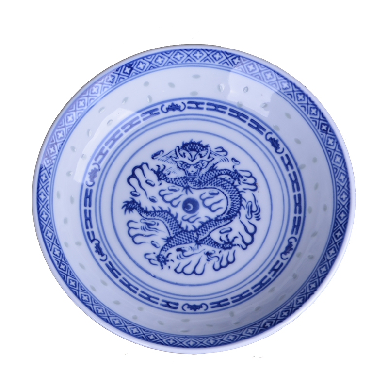 Jingdezhen ceramic traditional nostalgic see colour porcelain dish plate under glaze blue and white household soup thick Chinese style restoring ancient ways plate panlong lines