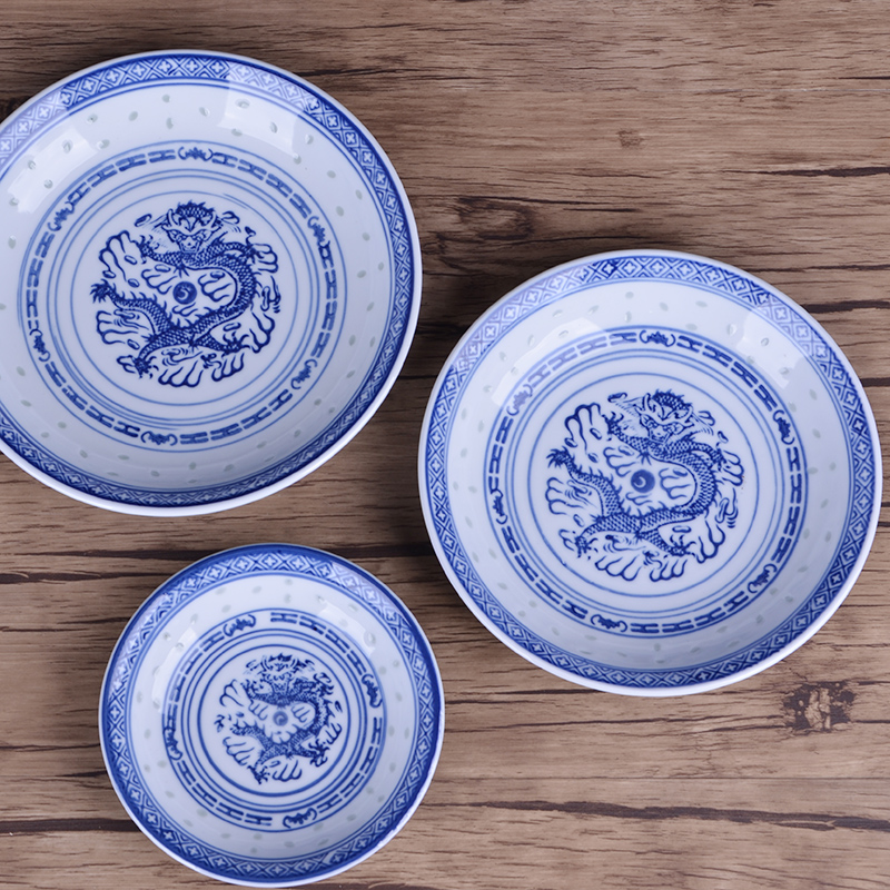 Jingdezhen ceramic traditional nostalgic see colour porcelain dish plate under glaze blue and white household soup thick Chinese style restoring ancient ways plate panlong lines