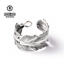 (Offline same model) ROCKRIDE obsidian feather ring 925 sterling silver live adjustable men and women couples
