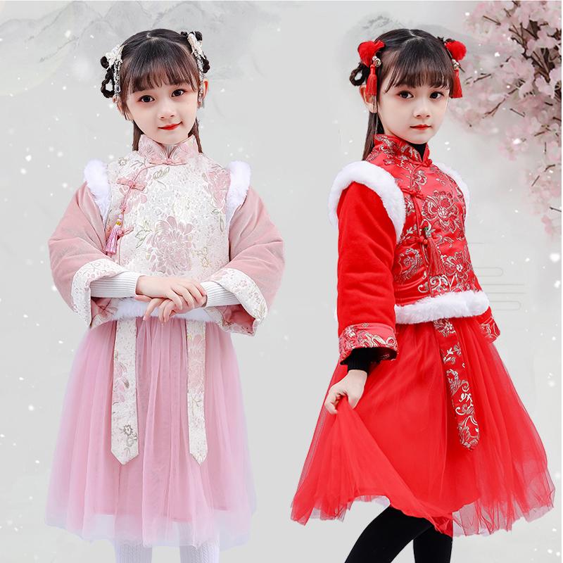 拜年服宝宝女童唐装汉服2019新款儿童中国风套裙新年