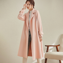 Pink double-sided cashmere coat womens long model 2021 new high-end autumn and winter Korean version of woolen coat coat tide