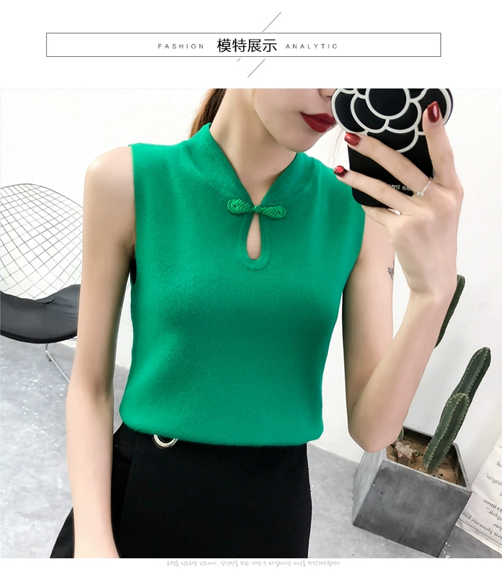 Sườn xám cổ áo vest áo len không tay phụ nữ áo pull mỏng mảnh mai áo ngắn mùa xuân và mùa thu dây treo áo sơ mi - Áo ba lỗ