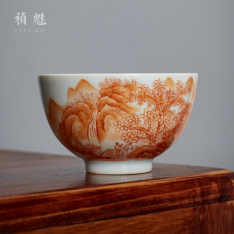 Shot incarnate the hand - made alum red landscape master of jingdezhen ceramic kung fu tea tea cups individual single CPU