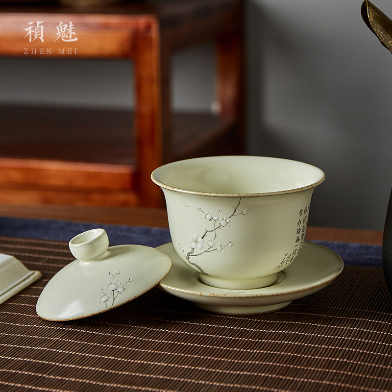 Shot incarnate your up hand - made name plum blossom put only three tureen jingdezhen ceramic cups kung fu tea tea bowl cover cup