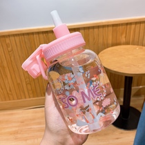 Capacity cartoon College student glass portable hand cup soft girl cute with straw water cup female tea cup Korea