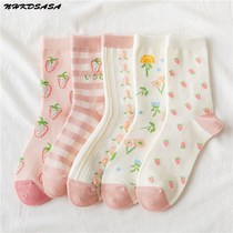 Women Cotton Socks ladies Strawberry Flower Funny Pink Sock