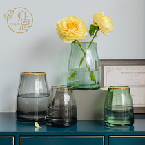 Nordic hand-painted gold border stripes transparent glass vase ornaments creative living room flowers Aqua flower arrangement simple