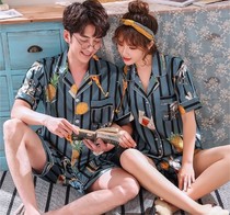 Couple Pajamas Women's Summer Ice Silk Short Sleeve Thin Cardigan Men's Silk Large Cartoon Home Clothing Two Piece Set