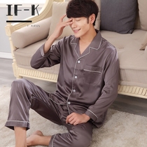 IF-KANN Korean version of pajamas mens spring and autumn casual long-sleeved trend youth large size thin Silk home wear suit