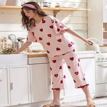Sleepwear Women Summer thin Pure Cotton Short Sleeves Seven Pants Suit Summer Casual Spring and Autumn Home Clothes women can go out