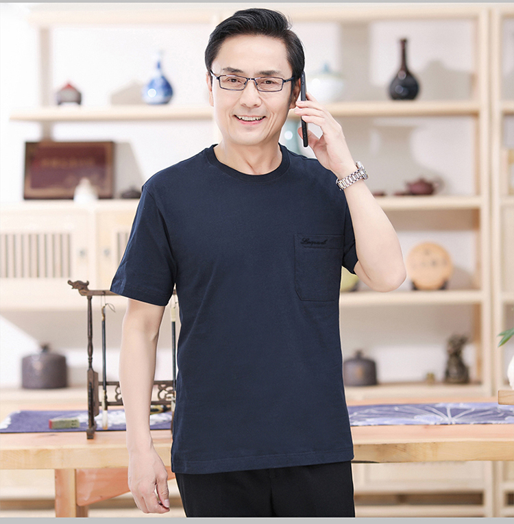 夏天爸爸装短袖t恤中年人男士圆领宽松中老年纯棉40-50岁上衣夏装_52