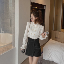 Fa-style comeback short white blouse womens spring autumn sweet and beautiful 100 lap design sensation small crowdlength sleeve minus-age Temperament Shirt