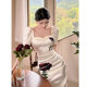 White satin rose dress high-end slim slit Hepburn dress long skirt pure summer temperament ladies White satin rose dress high-end slim slit Hepburn dress long skirt pure summer temperament ladies