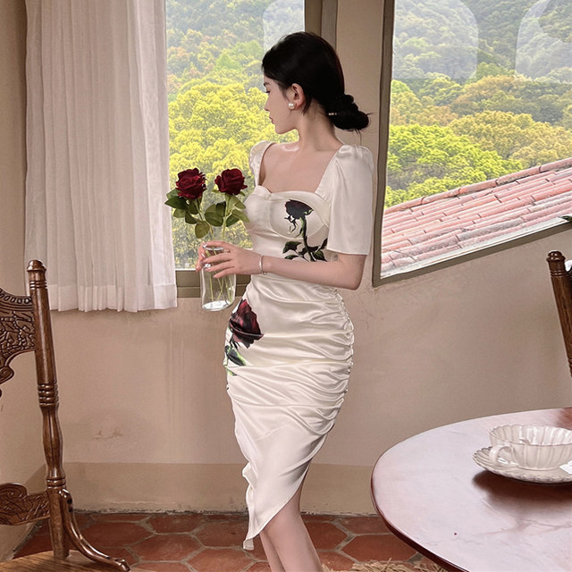 White satin rose dress high-end slim slit Hepburn dress long skirt pure summer temperament ladies White satin rose dress high-end slim slit Hepburn dress long skirt pure summer temperament ladies