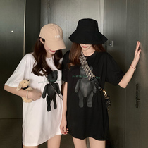 Long short sleeve T-shirt female 2020 Summer new ins tide large size loose round neck bear print half sleeve top