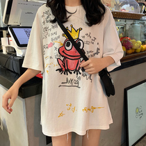 Large size white short sleeve T-shirt female 2020 Summer new loose ins long bf cartoon print on clothes tide