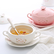 Waterproof with lid embossed cherry blossom Double ear with lid Porridge Bowl Palace Sugar Water Dessert Bowl Steamed Egg Bowl Ceramic Oatmeal Stew