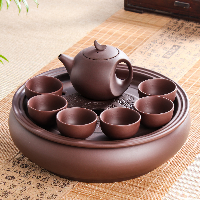 Violet arenaceous kung fu tea set suit modern household contracted round tea tray tea chaoshan of a complete set of ceramic teapot teacup