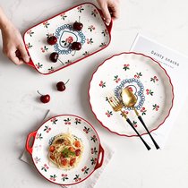 Day Style Cherry Hand-painted Home Pizza Plate Double Ear Ceramic Grilled Pan Rice Pie Dish Salad Bowl