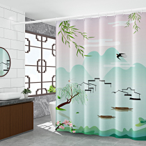 Chinese style polyester cloth shower curtain set bathroom waterproof cloth curtain punch-free partition curtain thickened anti-mildew hanging curtain